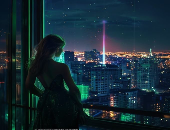 都市夜晚霓虹灯光下，一位气质优雅的女性站在窗边凝视城市夜景，青绿色霓虹光晕映照，充满现代都市情感张力，隔壁的美艳人妻系列封面意象