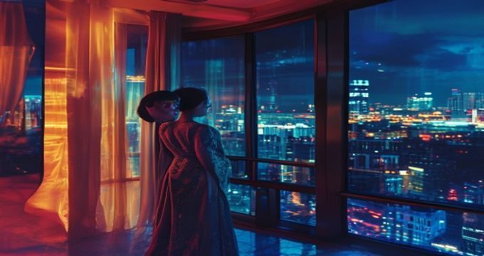 都市深夜，一位穿着优雅旗袍的女性站在落地窗前，窗外霓虹闪烁，室内暖黄灯光与窗外冷蓝夜色形成强烈对比，隔壁的美艳人妻都市篇封面意象